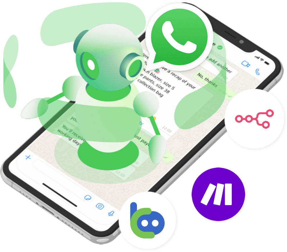 Ilustração de automação com chatbot, WhatsApp e integrações em um smartphone.